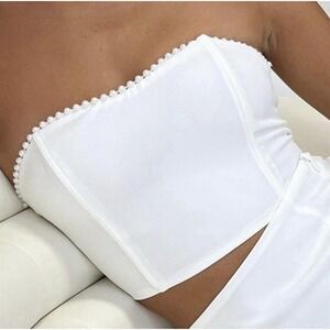 Princess Polly Elevate Crop Top White Pearl‎ Embellishment Women's 6 Beach Zip